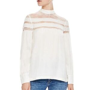 Sandro Paris Mirtylles White Floral Lace Viscose Satin Blouse Size Small